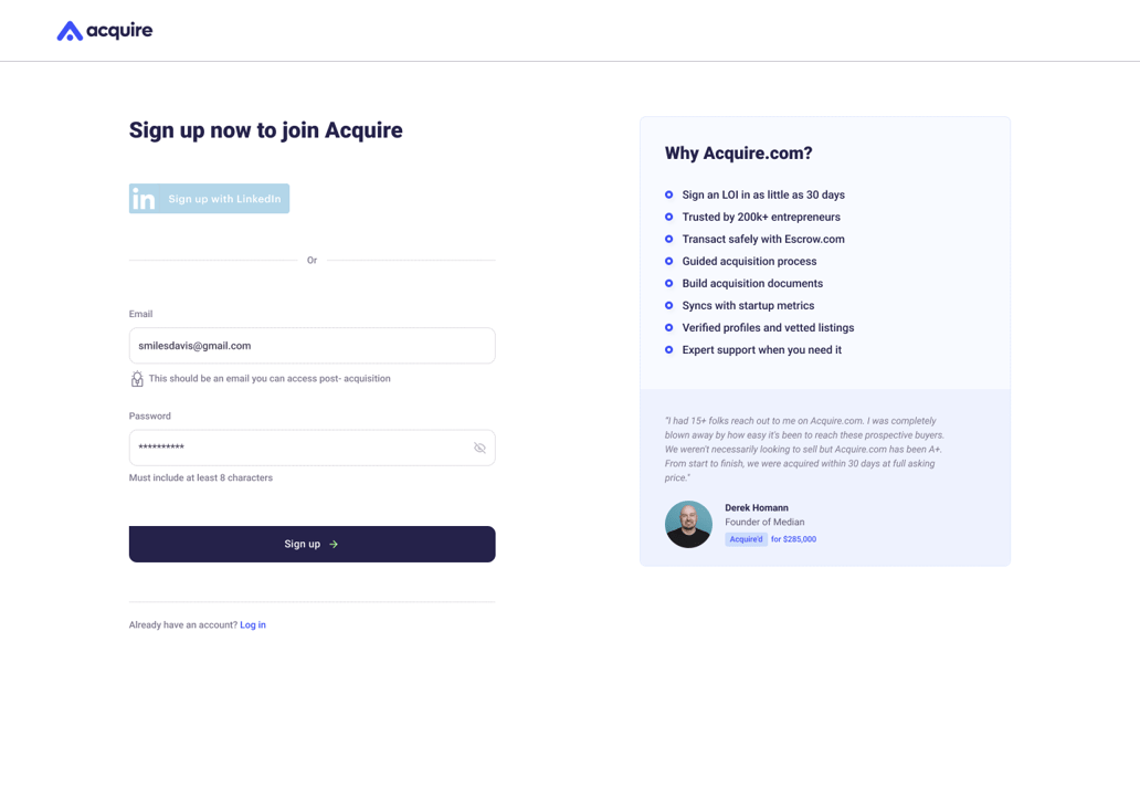 How to sign up on Acquire.com