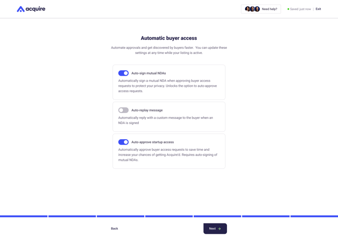 Automatic buyer access screen with controls for auto-signing mutual NDAs, an automatic reply, and automatic startup access approval.