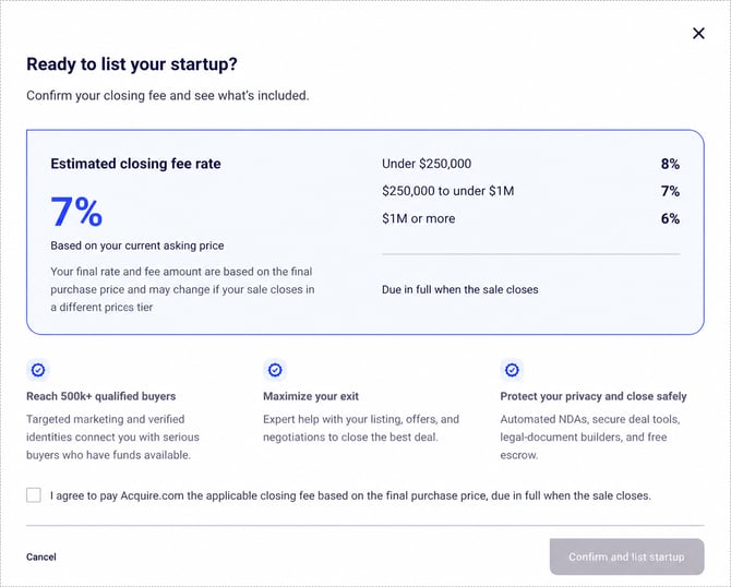Closing-fee confirmation showing an estimated rate, fee tiers, agreement checkbox, and disabled Confirm and list startup button.