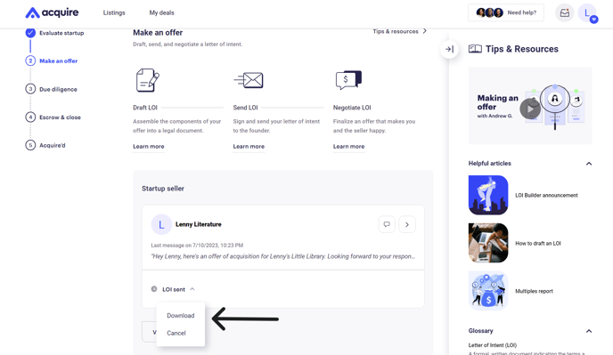 download or cancel LOI arrow