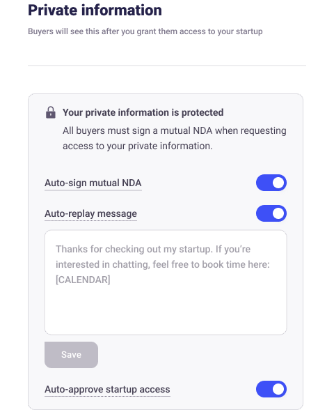 Private information panel on a live listing with the auto-reply message editor open and a sample message ready to save.