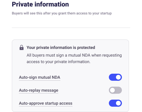 Private information panel on a live seller listing with controls for auto-signing mutual NDAs, automatic replies, and automatic startup access approval.