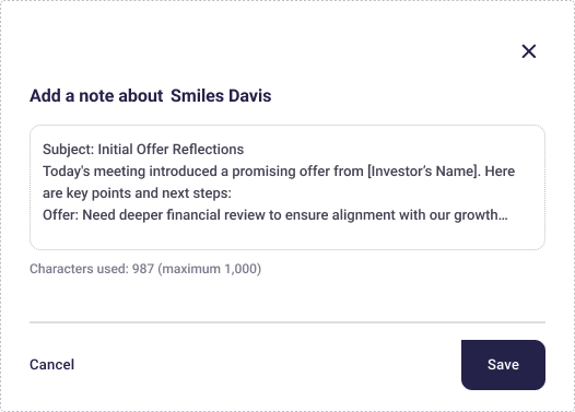 Add a note from the Deal Notes sidebar